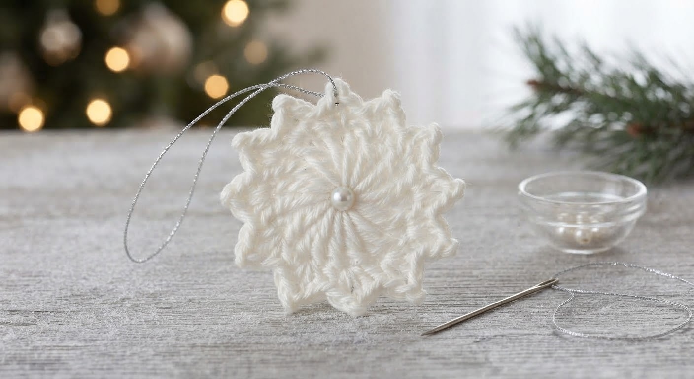 ⁠Crochet snowflake ornament with pearl center and hanging loop on rustic wooden table⁠