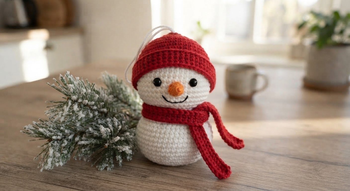 Finished crochet snowman ornament with red hat and scarf on rustic wood