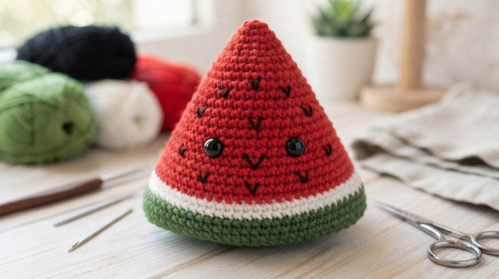 finished cute crochet watermelon amigurumi slice toy with face and seeds⁠