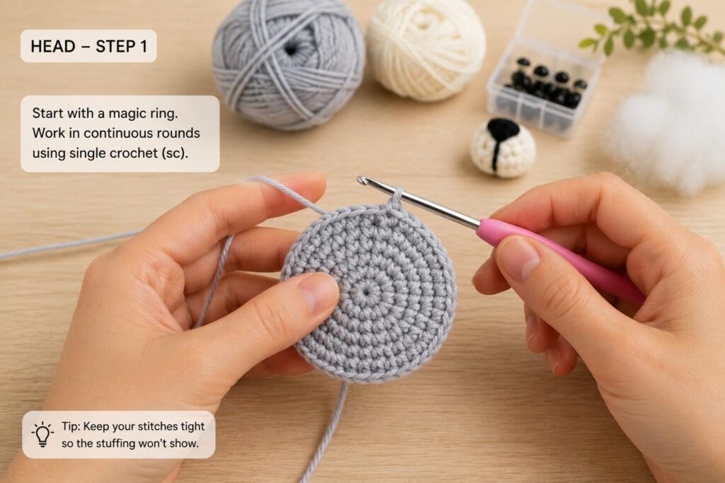 ⁠The main body and head of a grey amigurumi seal plushie under construction on a wooden worktable.⁠