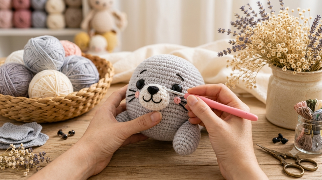 ⁠A close-up of a woman's hands sewing a soft cream-colored muzzle onto a grey amigurumi seal plushie.⁠