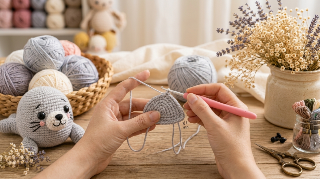 A close-up of hands crocheting grey front flippers for an amigurumi seal plushie on a wooden table.⁠