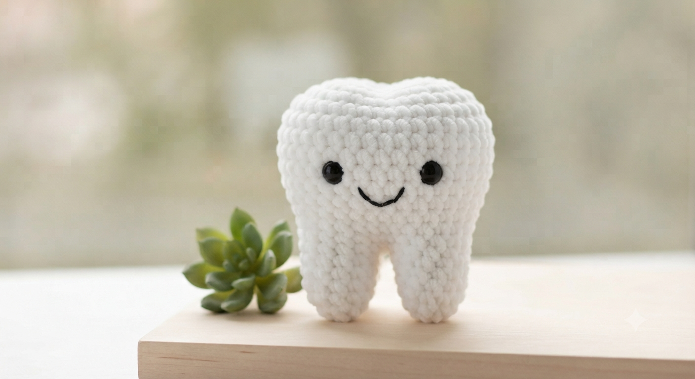 Cute crocheted amigurumi tooth keychain made of white velvet yarn with black safety eyes and an embroidered smile.