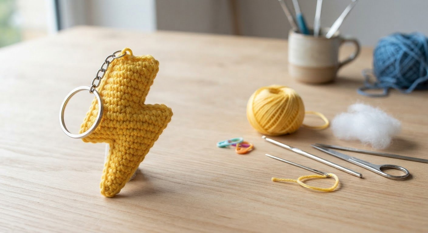 ⁠tiny-lightning-bolt-amigurumi-keychain-pattern-handmade-yellow-yarn⁠