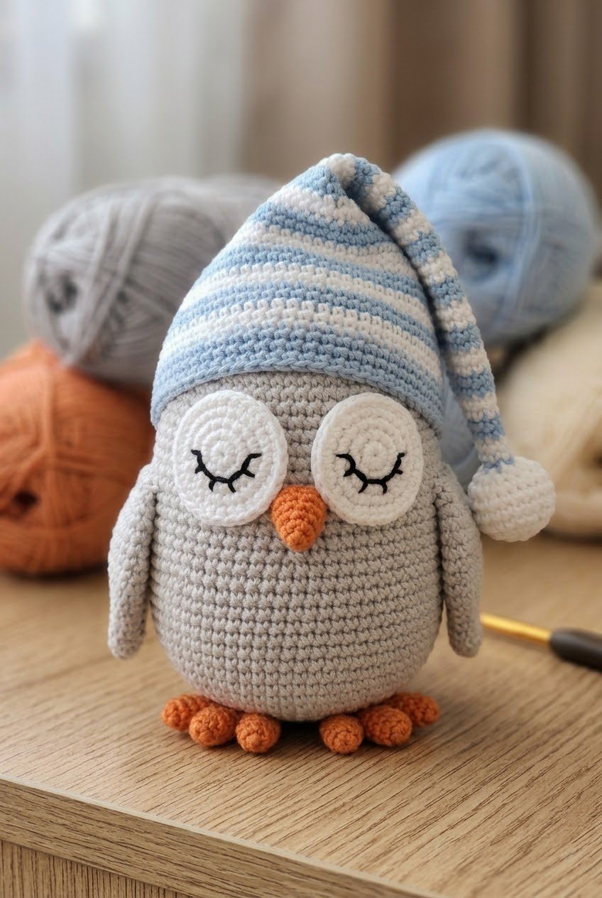 ⁠Free Sleepy Owl Amigurumi Crochet Pattern with Nightcap⁠