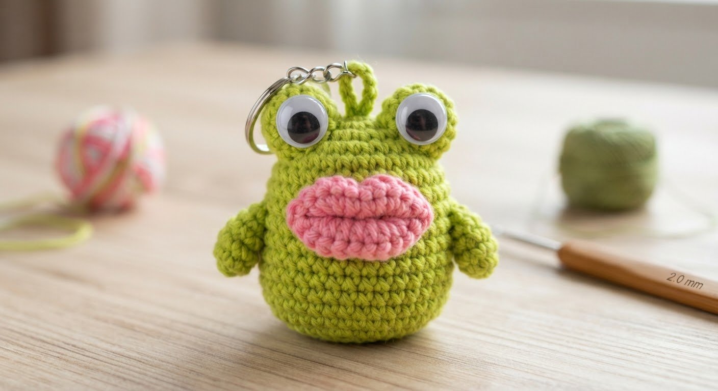 Handmade crochet mini frog keychain with oversized pink lips, sitting on a wooden table in natural daylight, front view.⁠