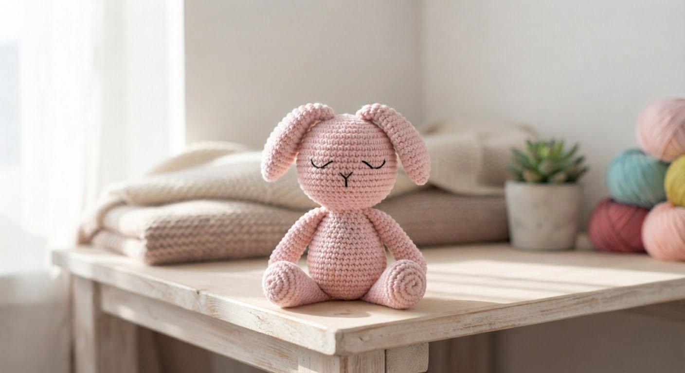 A finished handmade sleepy pink bunny amigurumi sitting on a light wooden tabletop next to soft yarn balls and a small potted succulent.