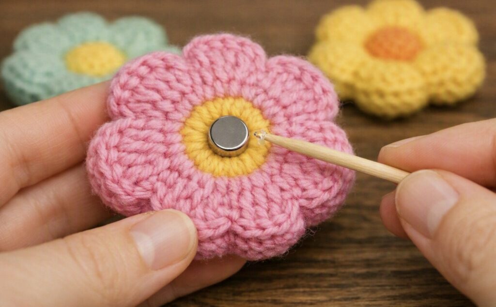 Attaching a small round magnet to the back of a finished crochet flower magnet with glue.