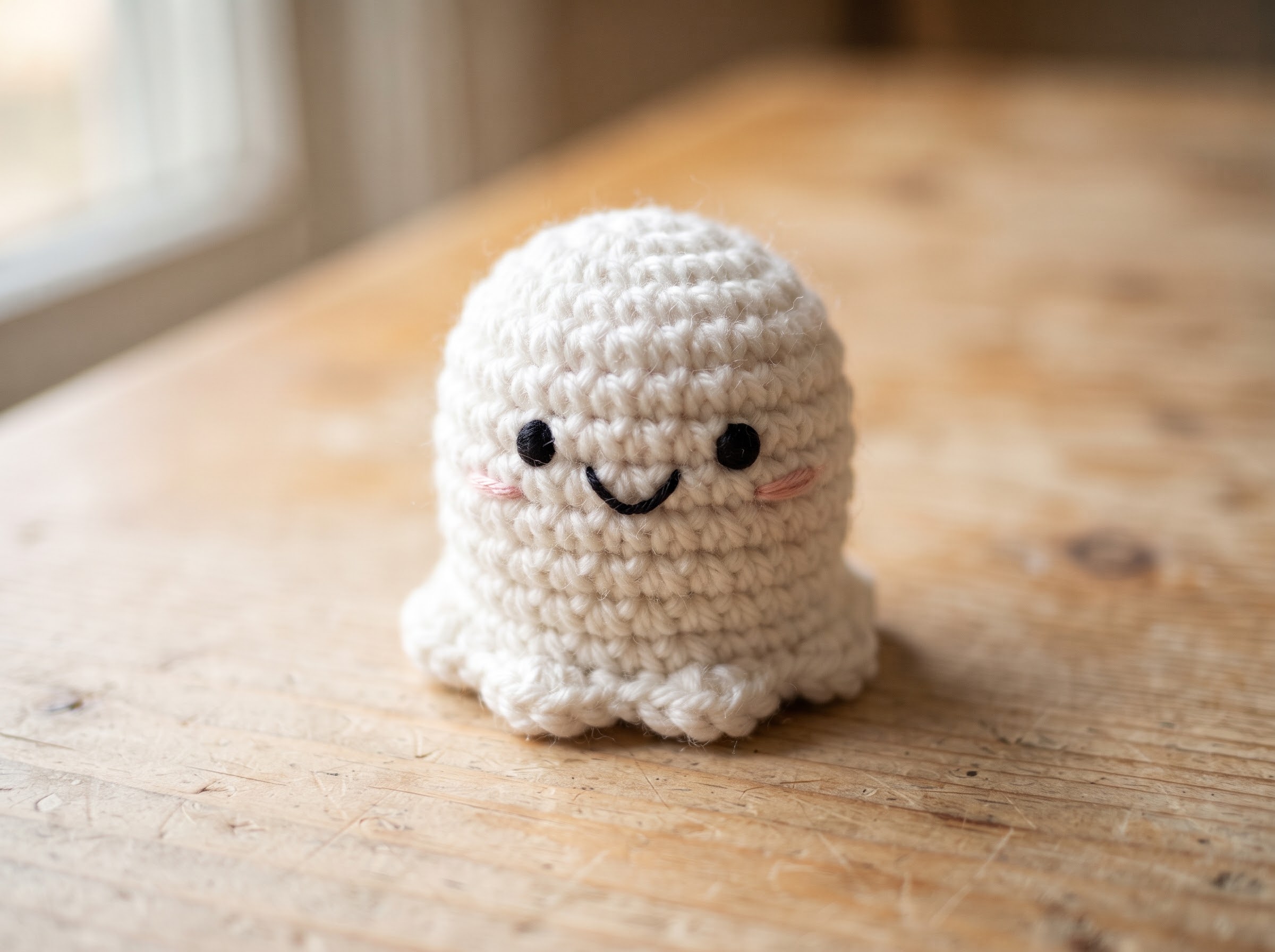Finished white crochet ghost with embroidered eyes, a smiling face, pink cheeks, and a scalloped hem